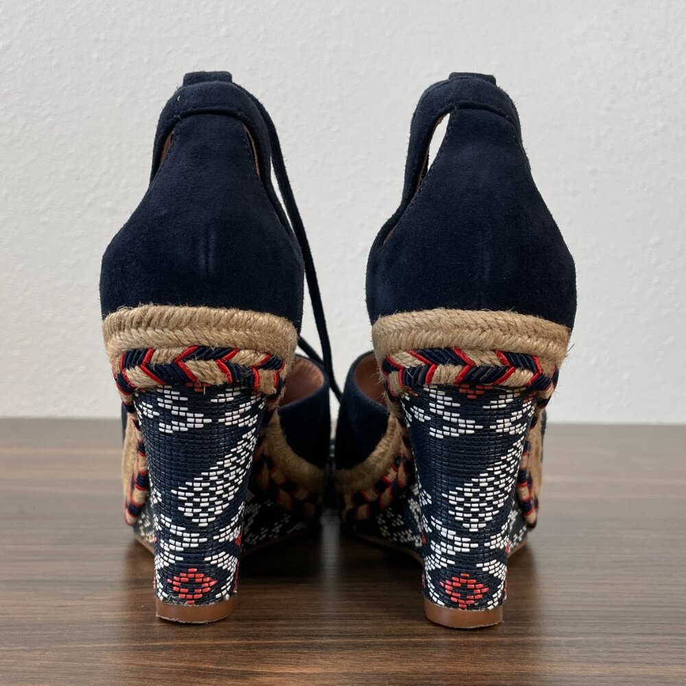 Cabi Wrap Lace-Up Blue Suede Leather Espadrille Aztec Wedge Heel Women's 5M - Picture 7 of 15